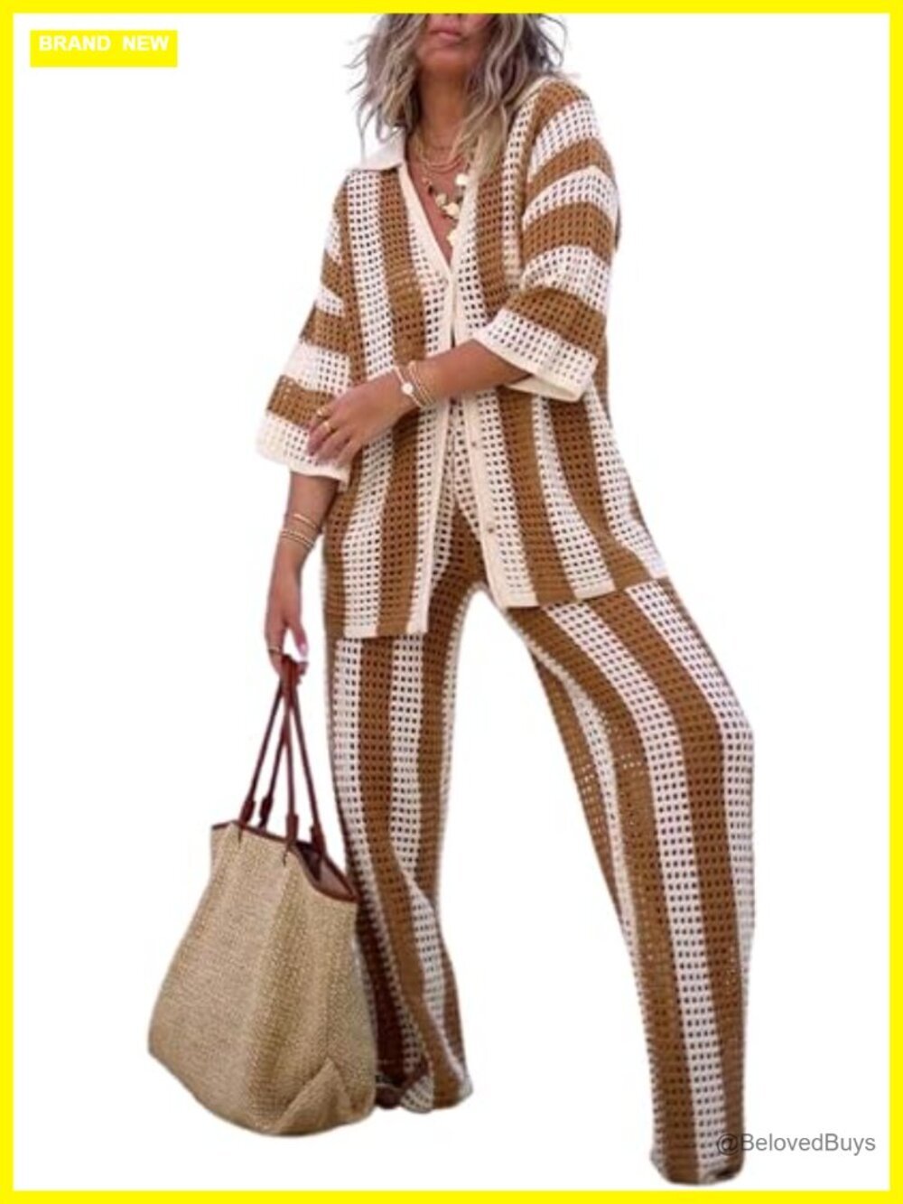 Crochet 2 Piece Cover Up Set with Button Down Top and Wide Leg Pants